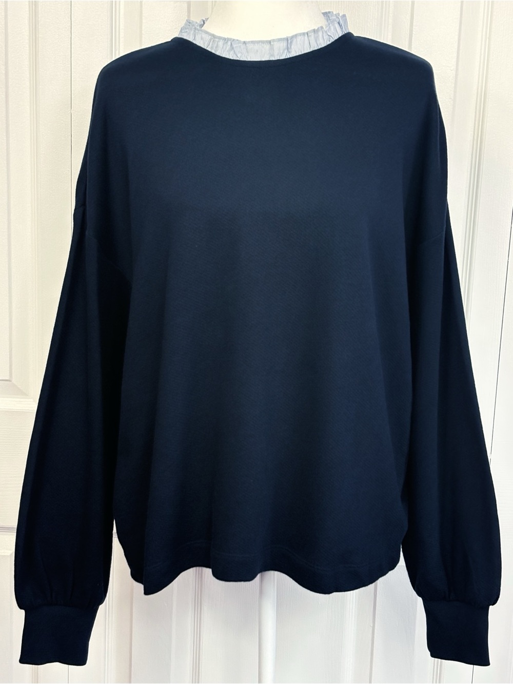 LOFT Navy Blue Stripe Print Ruffle Trim Layered Look Sweatshirt Large